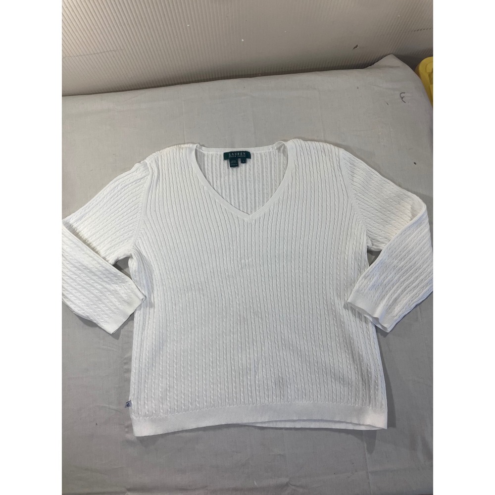 Lauren Ralph Lauren‎ Womens White Cable Knit V Neck Sweater Top Size L